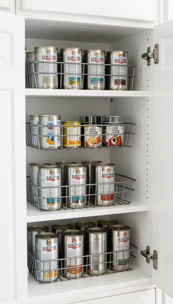 Stackable wire can racks in a small RV pantry with neatly arranged canned goods, bright natural light, clean and airy look.