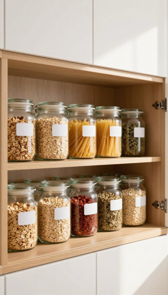 Clear glass jars filled with dry goods neatly organized on pantry shelves, creating a uniform and calming look.