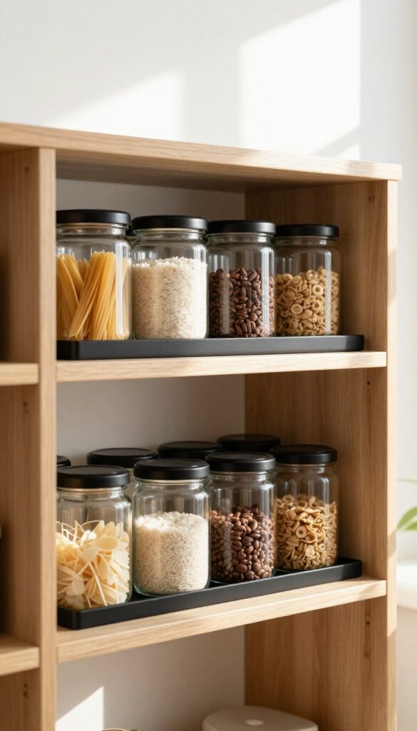 Clear glass jars with black lids organized on a black tray on a pantry shelf, filled with pasta and grains, natural light, warm wood shelves.
