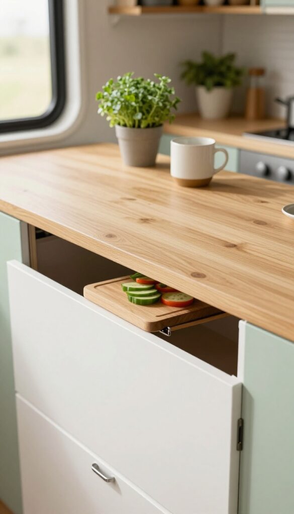 Fold-down wooden countertop extension in a campervan kitchen with herbs and vegetables.