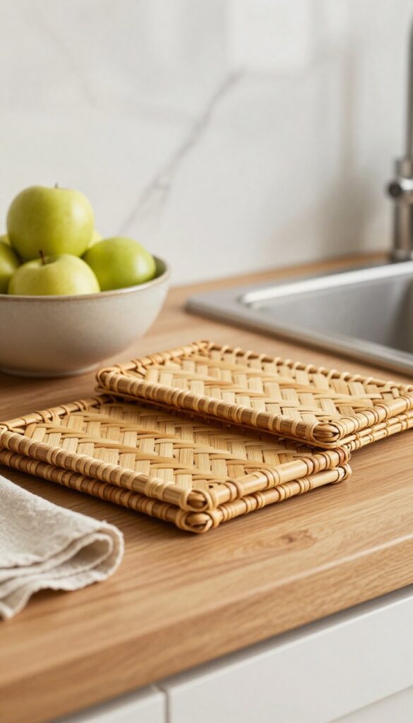 Stack of woven bamboo trivets on a kitchen countertop with a ceramic fruit bowl and natural light