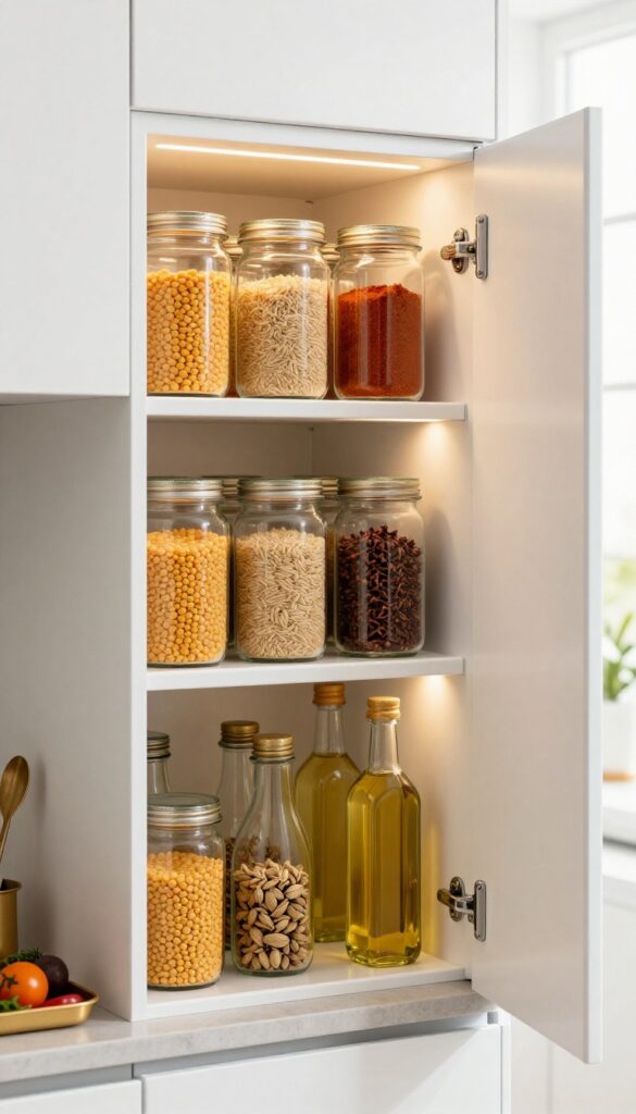 Pull-out pantry in narrow gap between fridge and wall, organized with clear jars of spices and grains, illuminated by LED strip light.