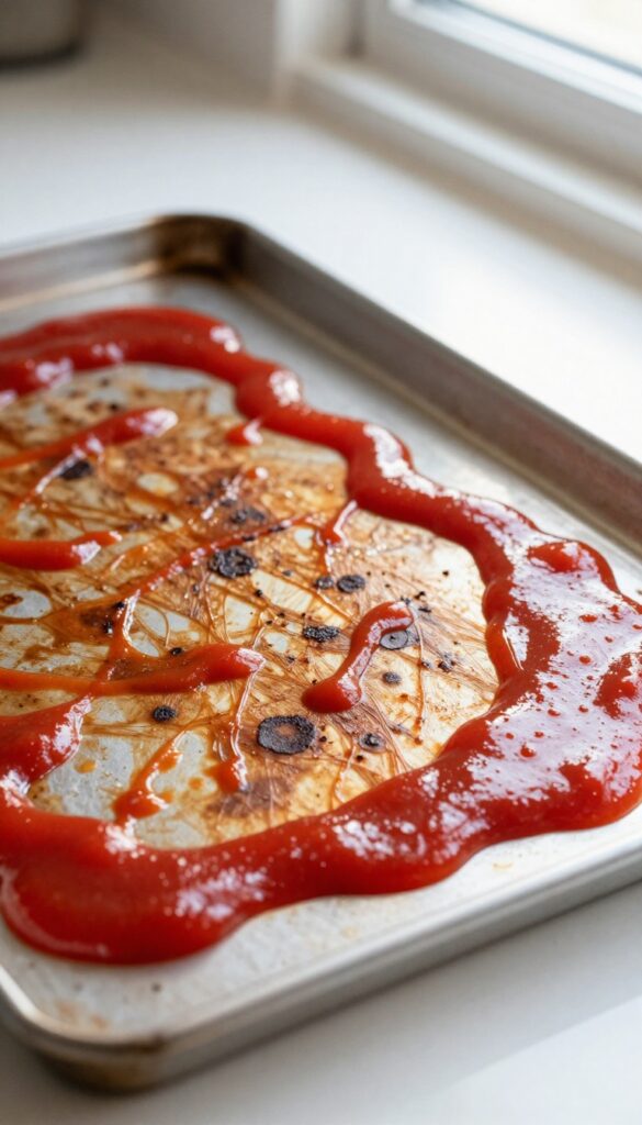 Baking sheet with ketchup spread over burnt stains for cleaning