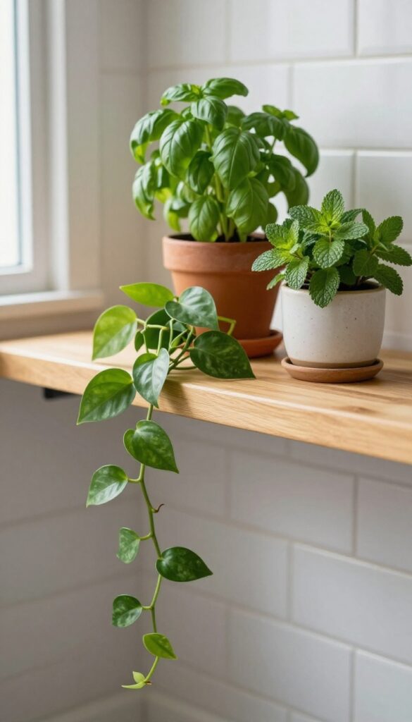 Kitchen shelf with trailing pothos and small herb pots in terracotta and ceramic, natural light, white subway tile backsplash