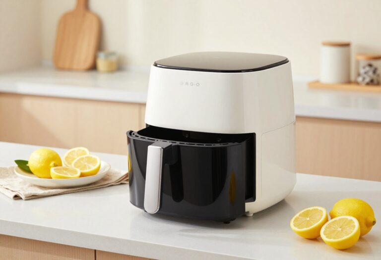 Clean air fryer with lemon slices and cloth on kitchen counter