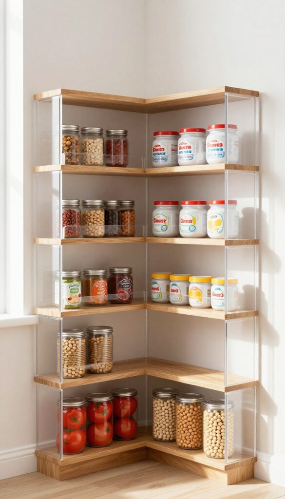 Corner shelf in L-shaped pantry with acrylic risers double-stacking cans and jars, bright natural light