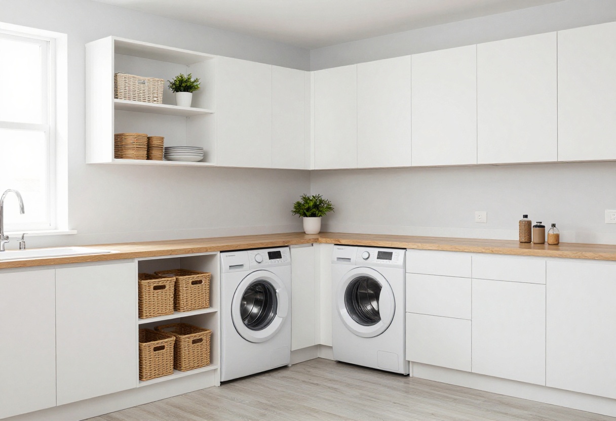 Bright kitchen with stacked washer and dryer, open shelving, and butcher block countertop