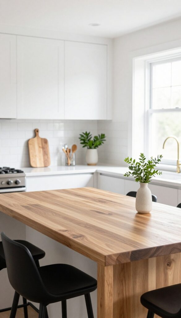 Modern kitchen with warm wood island, white countertops, and natural light