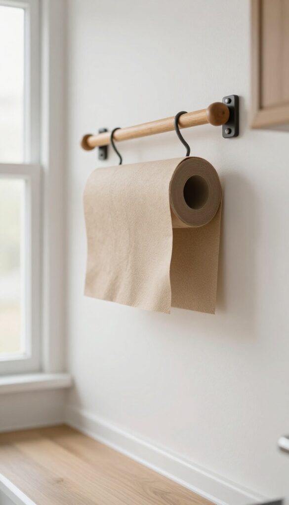 Mounted paper towel and wrap dispenser on a kitchen wall, freeing up counter space.