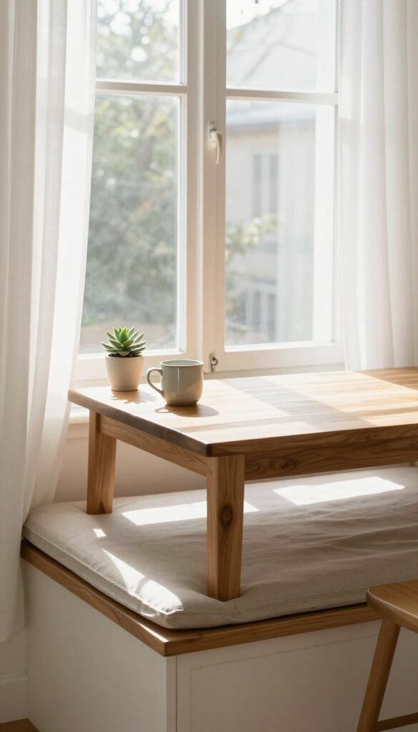 A sunny kitchen window seat with a butcher-block wood table, ceramic mug, and succulent, warm and inviting.