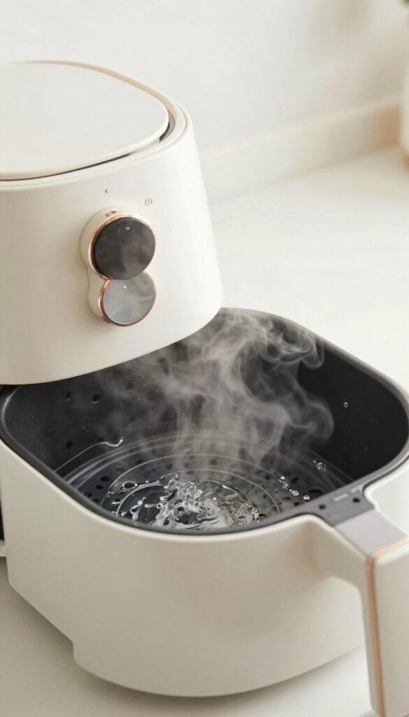 Air fryer basket with water for steam cleaning