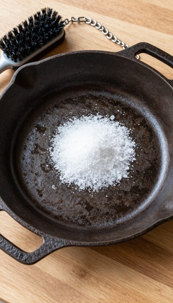Cast iron skillet with gentle cleaning tools on wooden countertop