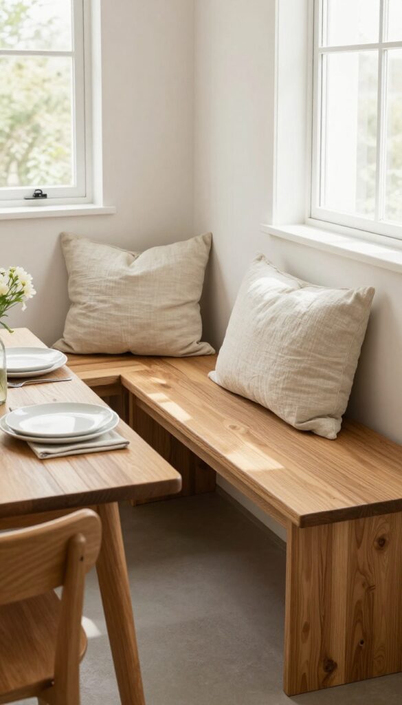 Cozy kitchen dining nook with wooden bench and mismatched chairs, natural light, relaxed setting
