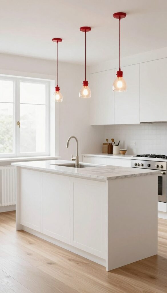 Three red glass pendant lights hanging above a white kitchen island in a bright, airy kitchen with marble countertops and light wood floors.