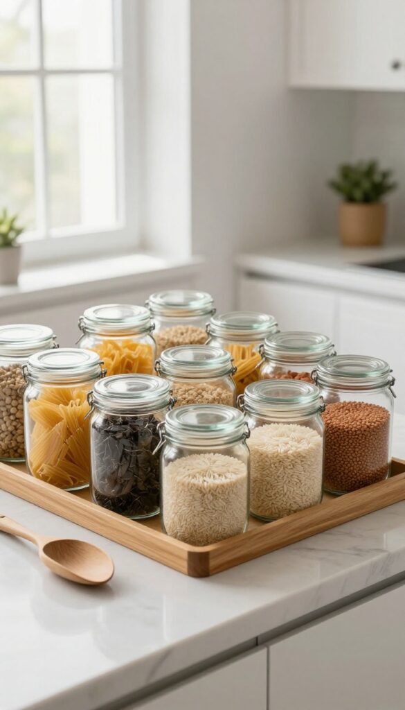 Glass jars on kitchen countertop for dry goods organization