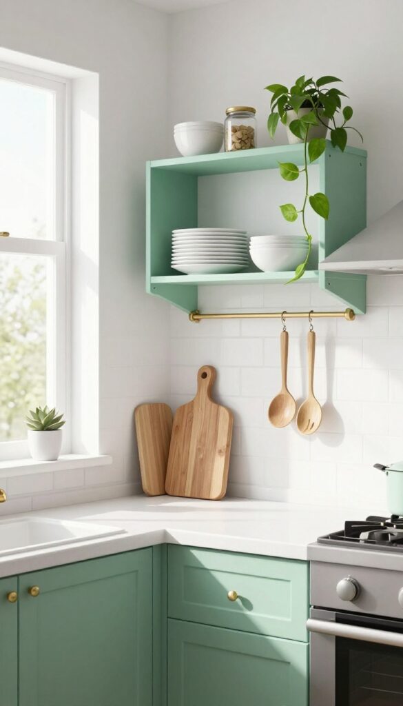 Small kitchen with mint green open shelves holding dishes and plants, bright natural light