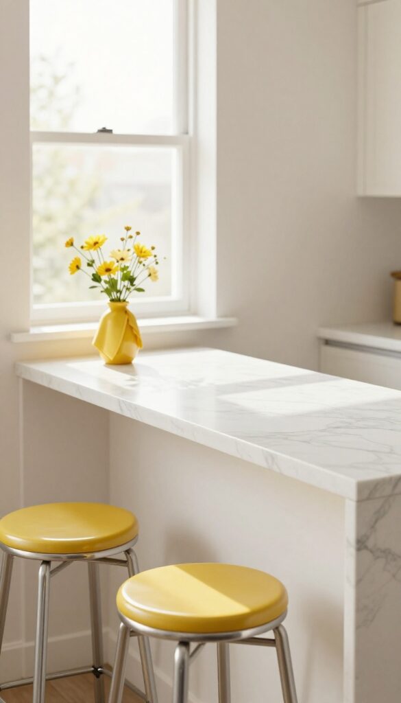 Grey marble countertops with yellow bar stools in a small kitchen