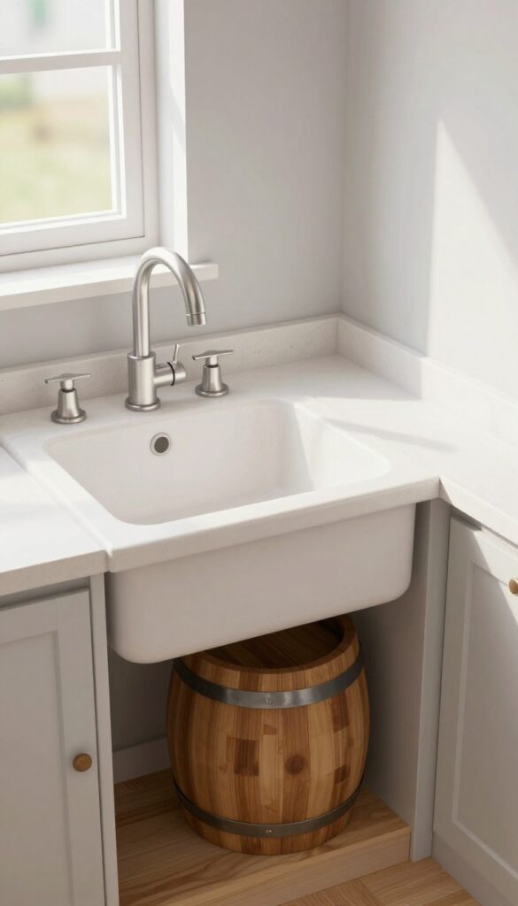 Corner sink with waterlogged slab basin, lever faucet, and wooden barrel storage in a bright tiny kitchen