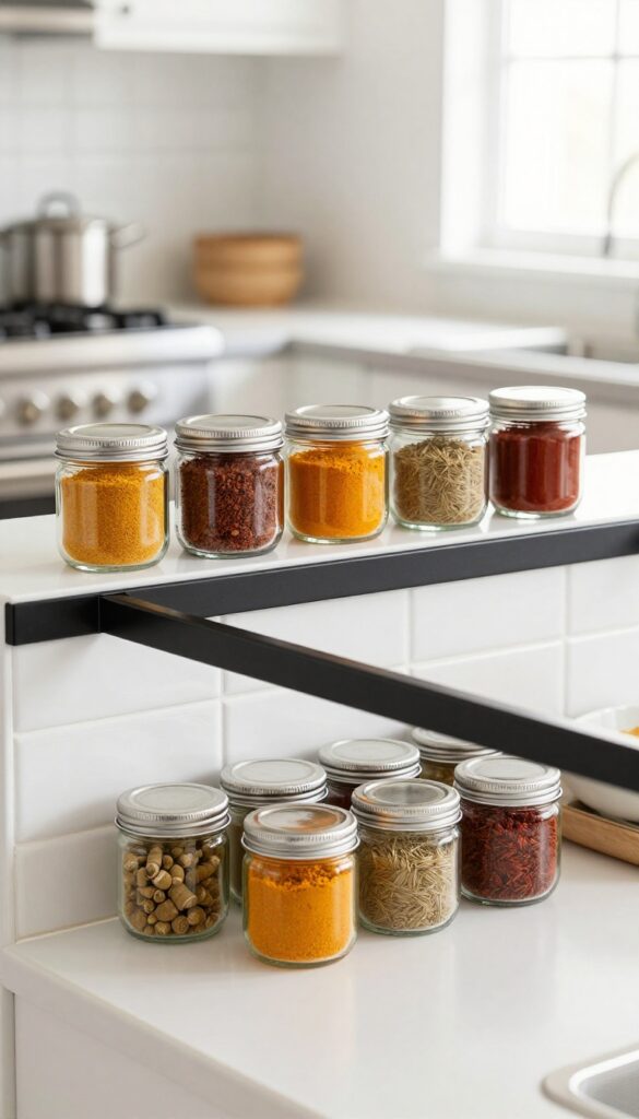 Magnetic spice rack on wall with glass jars of colorful spices in a small Indian kitchen