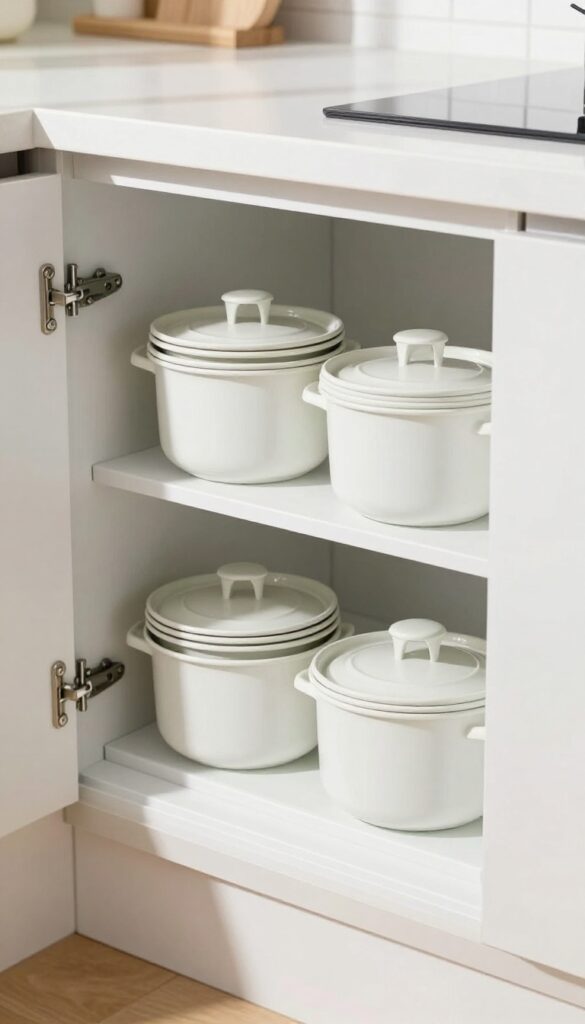 Open cabinet door with vertical lid organizers holding pot lids neatly separated, tidy kitchen interior with natural light