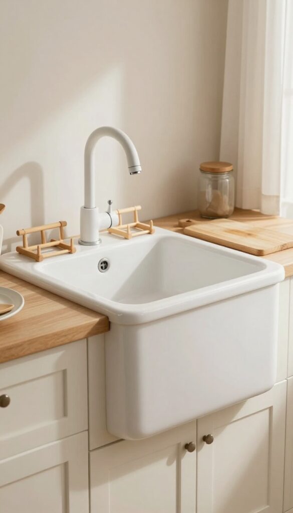 White farmhouse apron sink in a small kitchen with wooden drying rack and cutting board, warm natural light, cozy country style.