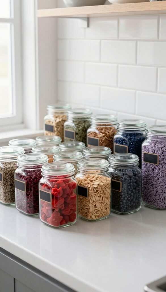 Color-coded clear jars on a kitchen counter with dry goods in muted rainbow colors, styled on a wooden tray with labels, bright natural light.