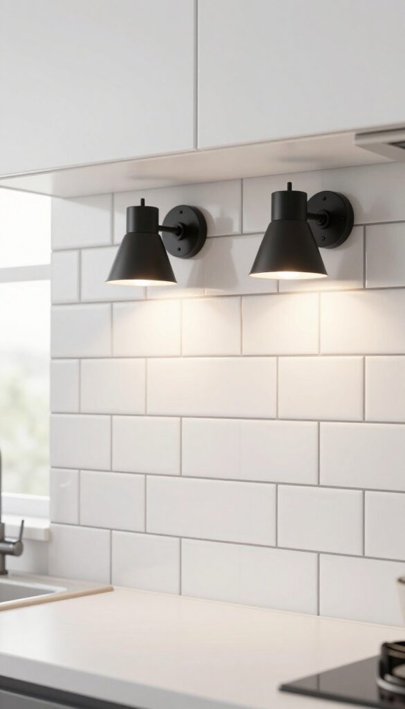 Two matte black swing-arm sconces mounted beside white upper cabinets over a kitchen sink, casting warm light onto a subway tile backsplash and countertop.