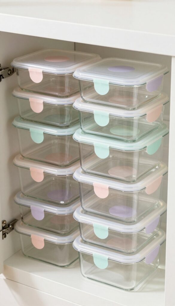 Color-coded lids with pastel dot stickers on containers in a bright kitchen cabinet drawer