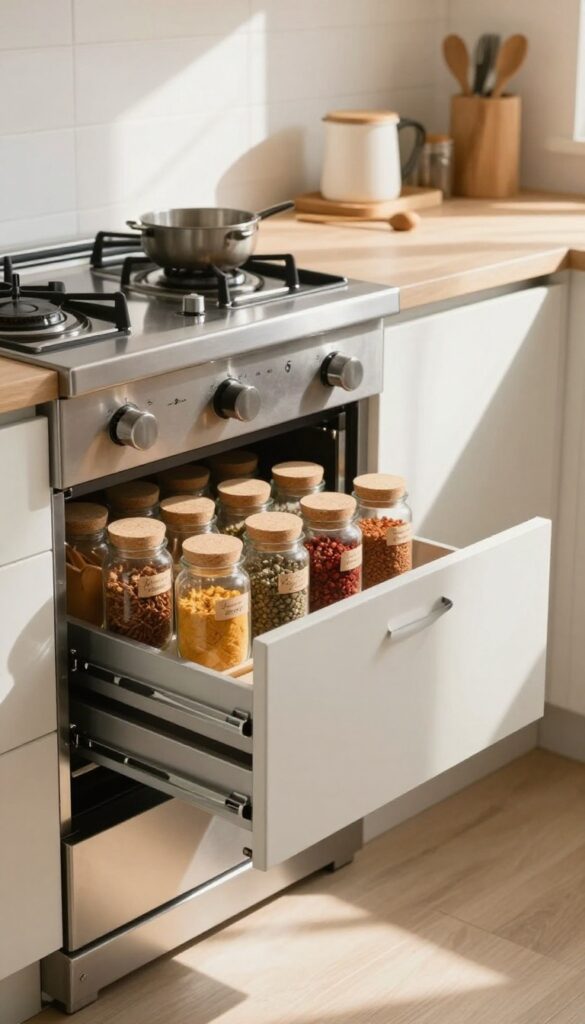 Pull-out spice drawer next to stove with glass jars and labels