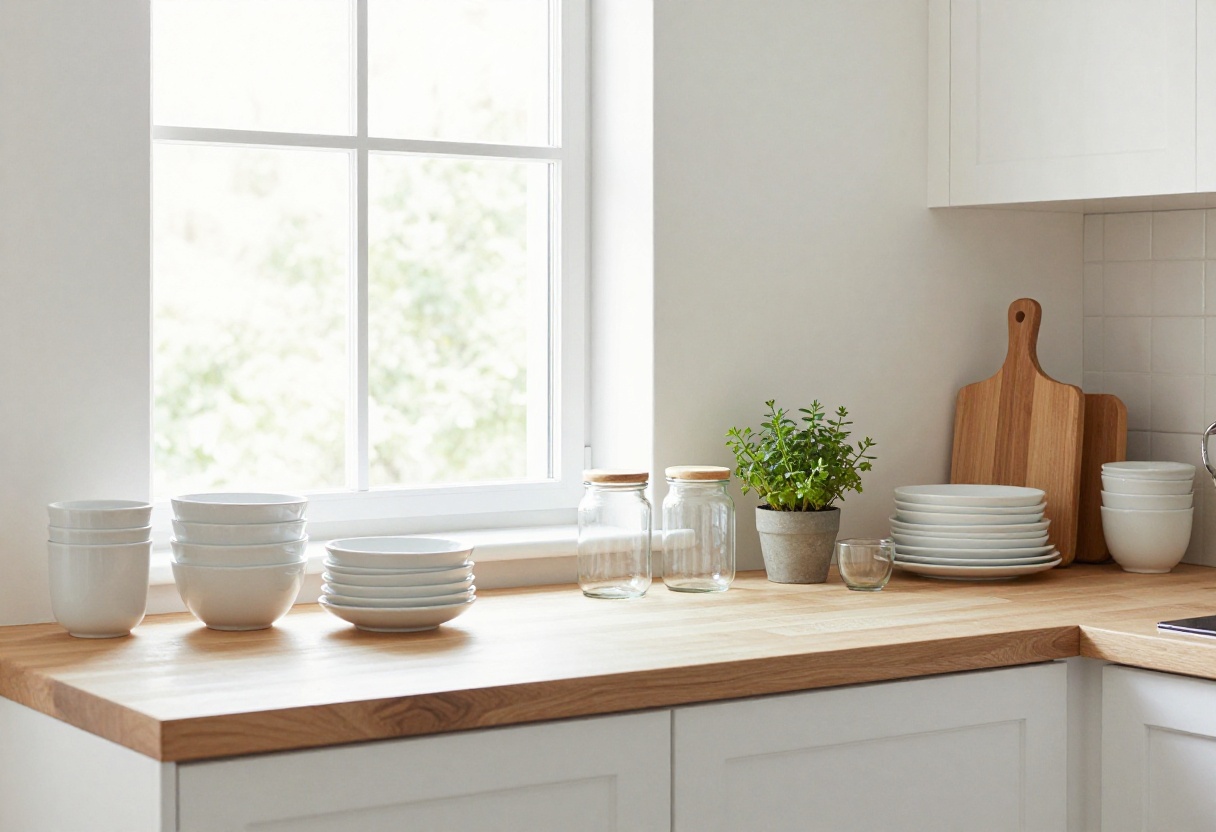 Light and airy kitchen open shelves with white ceramics, glass jars, and a potted herb