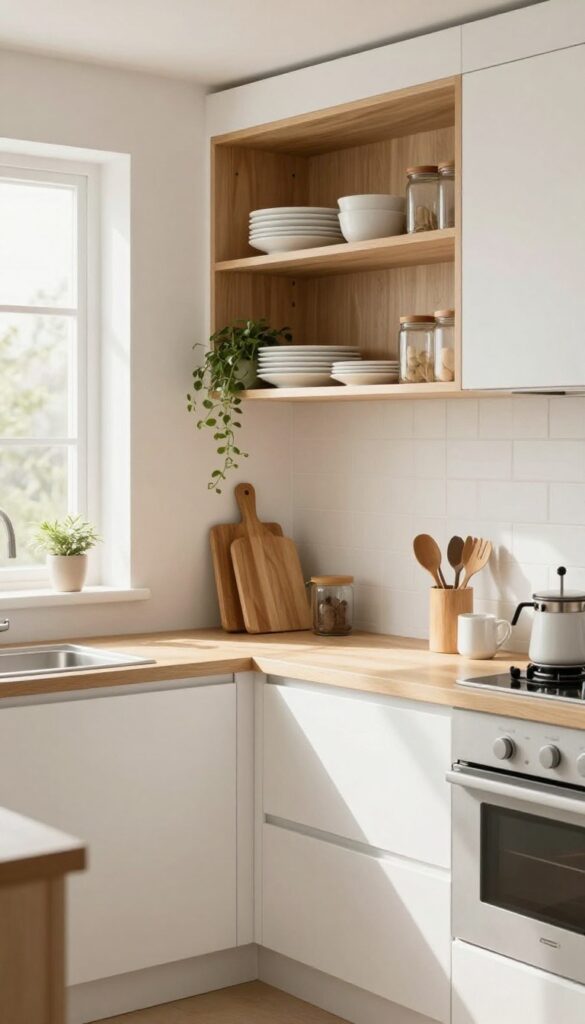 Kitchen with open shelving displaying dishes and plants above white cabinets