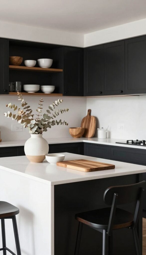 Modern black and white kitchen with warm wood accents on island and open shelving