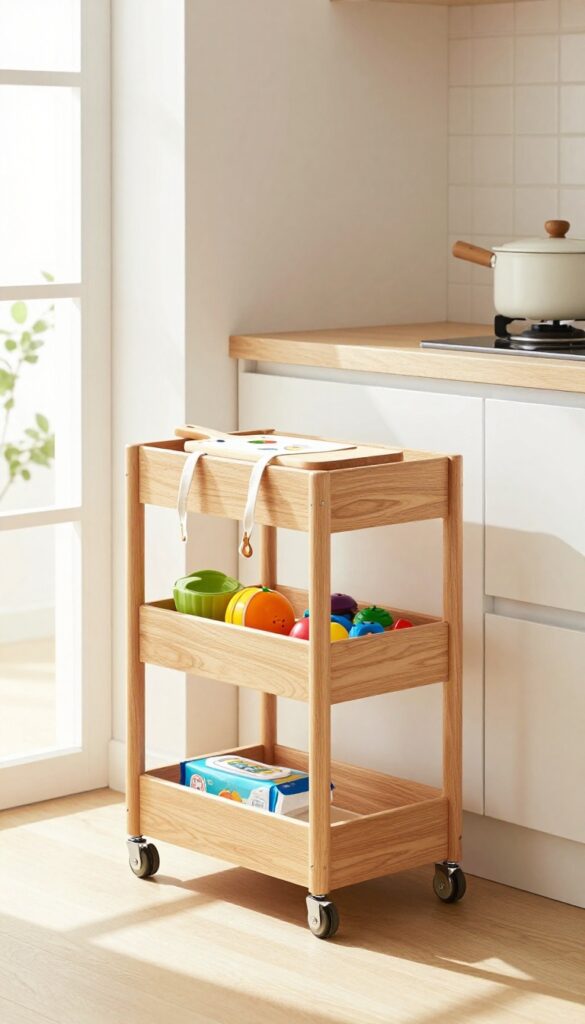 Modern kitchen with a slim rolling cart used as a toddler meal prep and play station, featuring play food and a child apron.