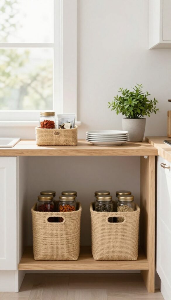 Open kitchen shelves with seagrass liner baskets organizing spices and tea bags, beside a small plant and stacked plates.