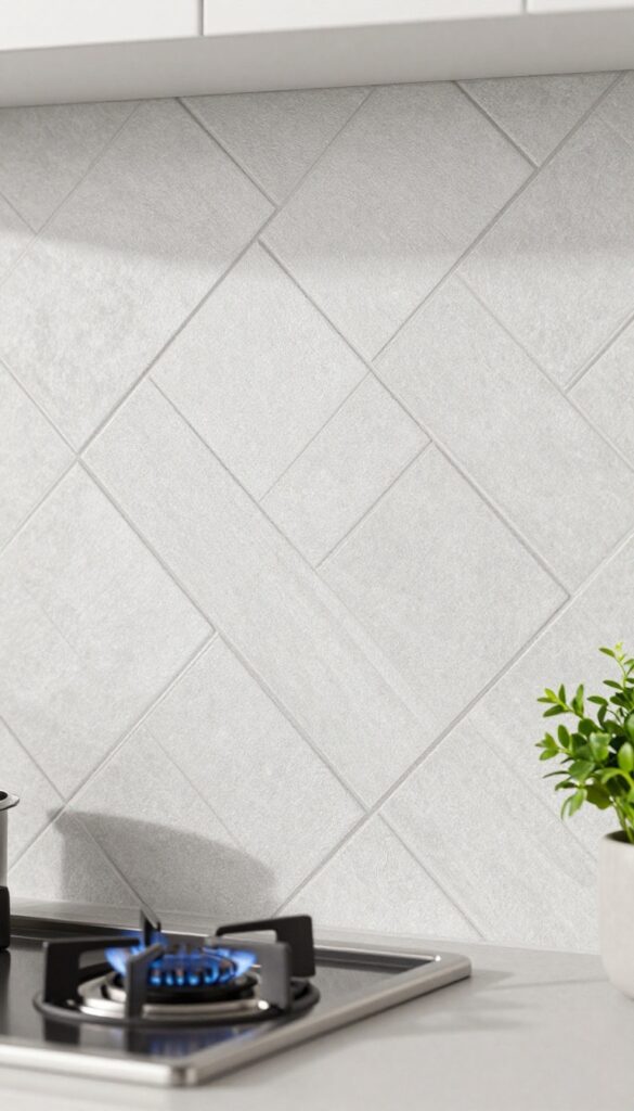 Stone-look vinyl floor tiles arranged in a herringbone pattern as a kitchen backsplash, with a stove and natural light.