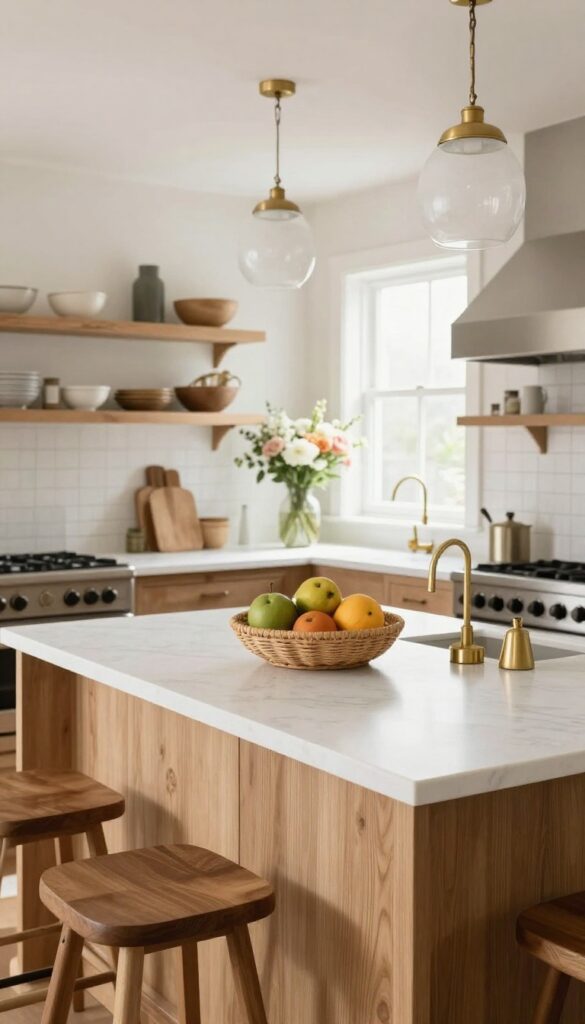 Two-tone kitchen island with white countertop and warm wood base in a bright, lived-in kitchen