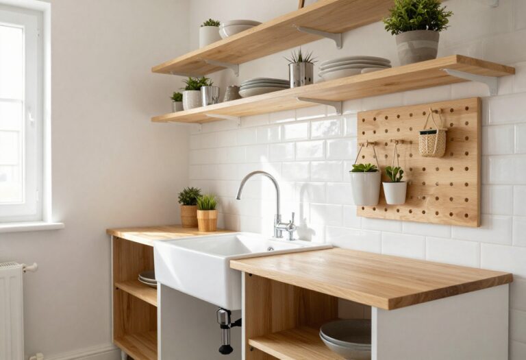 Small wet kitchen with open shelving, deep sink, rolling cart, and pegboard storage in natural light
