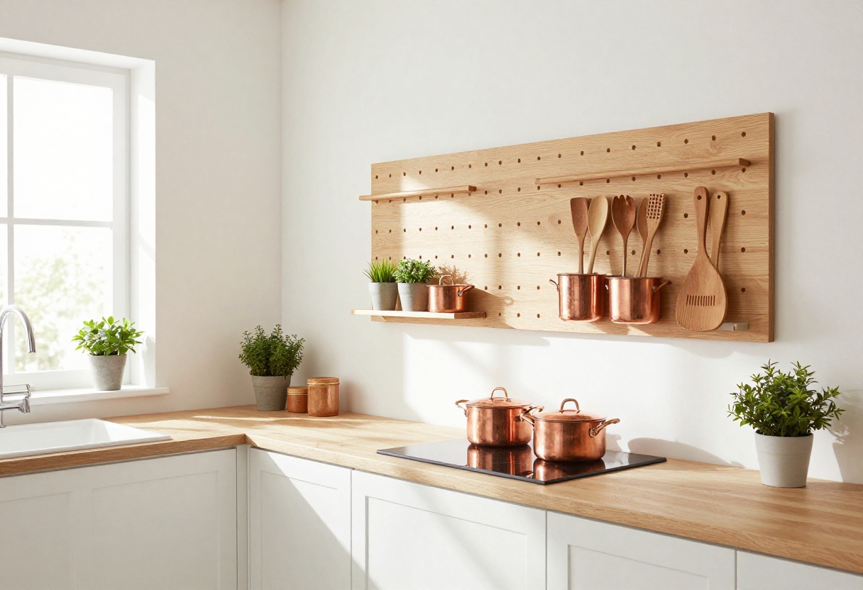 A well-organized kitchen pegboard holding pots, utensils, and herbs on a white wall.