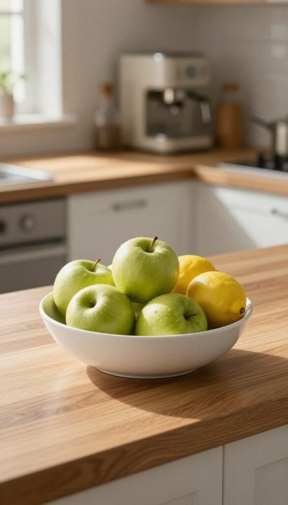 Simple fruit bowl on kitchen counter with green apples and yellow lemons in natural light