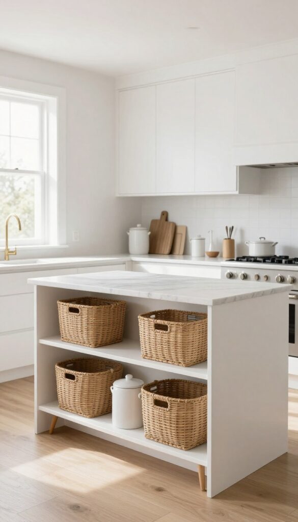 Low-profile stools tucked under a kitchen island with open shelving storing baskets and canisters