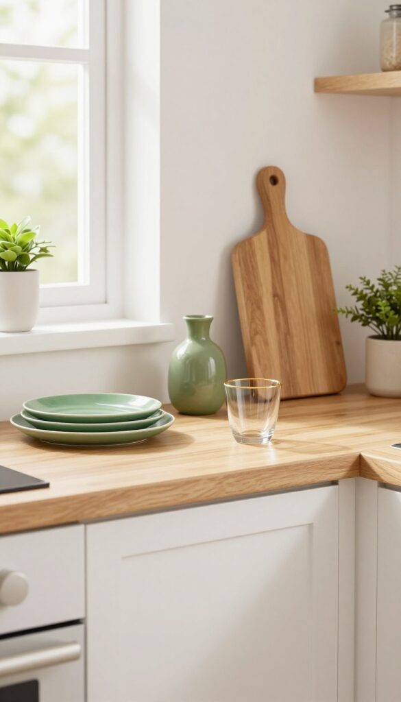 Open shelving in a kitchen styled with green dishes, gold-rimmed glassware, wooden cutting boards, and a small plant, creating a luxe natural look.