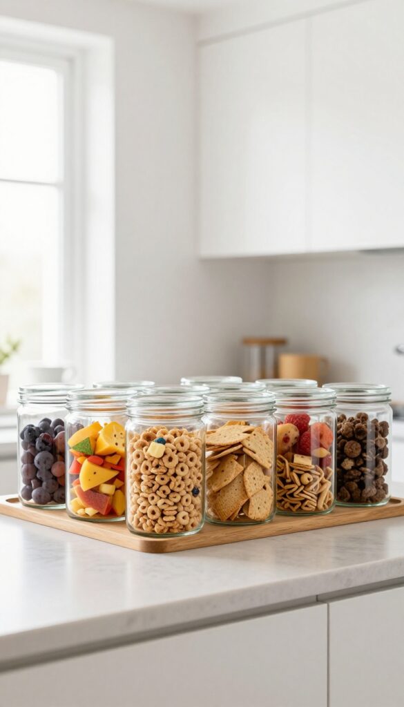 Clear glass canisters on a kitchen counter, filled with colorful snacks, in a bright modern kitchen.
