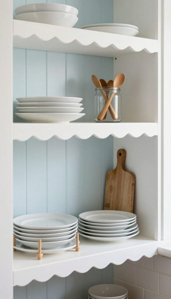 Open shelving with scalloped edges in a shabby chic kitchen, styled with white dishware and vintage accents
