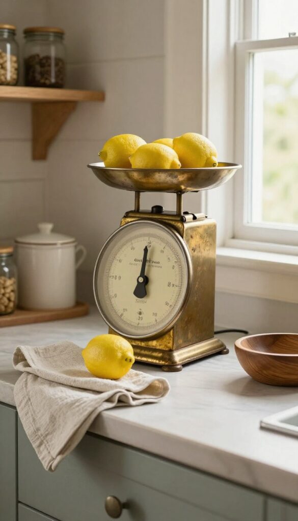 Vintage scale on farmhouse pantry counter with lemons and linen napkin