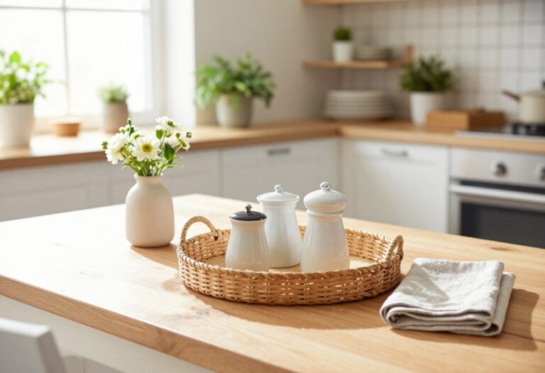 A kitchen table with a woven tray holding salt and pepper shakers, a small vase of flowers, and folded napkins, in a bright, airy kitchen.