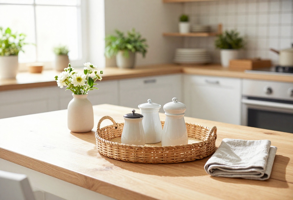 A kitchen table with a woven tray holding salt and pepper shakers, a small vase of flowers, and folded napkins, in a bright, airy kitchen.