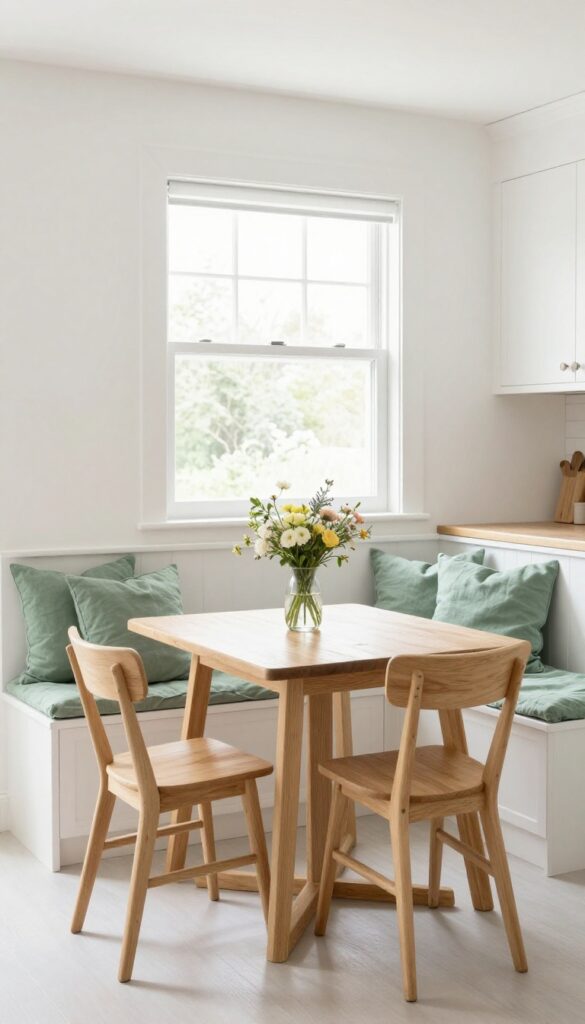 Low-back banquette in a bright kitchen with window above, painted plywood bench with sage green cushions, simple wooden table, open sightlines.