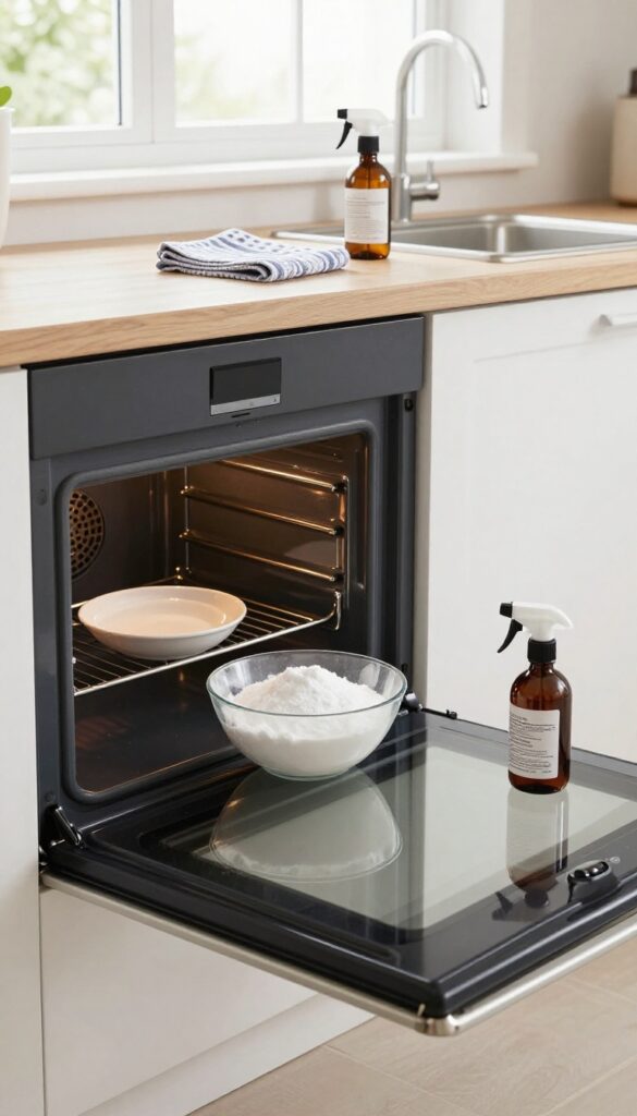 Clean oven interior and glass door with baking soda paste and cleaning tools on counter