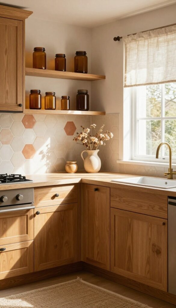 Light and airy kitchen with honey oak cabinets, hexagon tile backsplash, amber glass jars, and natural textures.