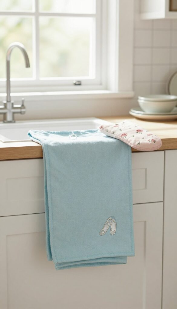 A kitchen counter with a pale blue tea towel featuring a small embroidered glass slipper and a dusty rose oven mitt with a rose pattern, soft natural light, clean and charming.